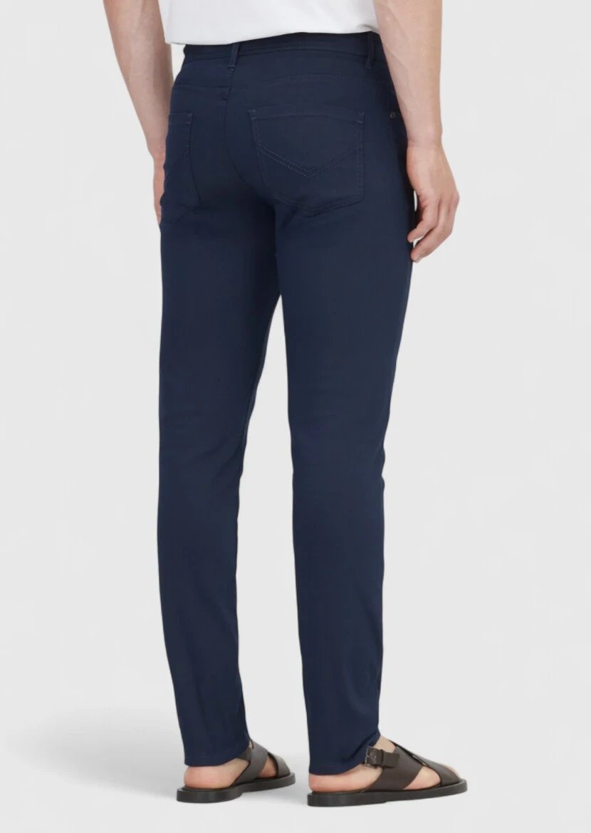 Navy Blue Weaving Slim Fit Casual Cotton Blended Trousers - 4