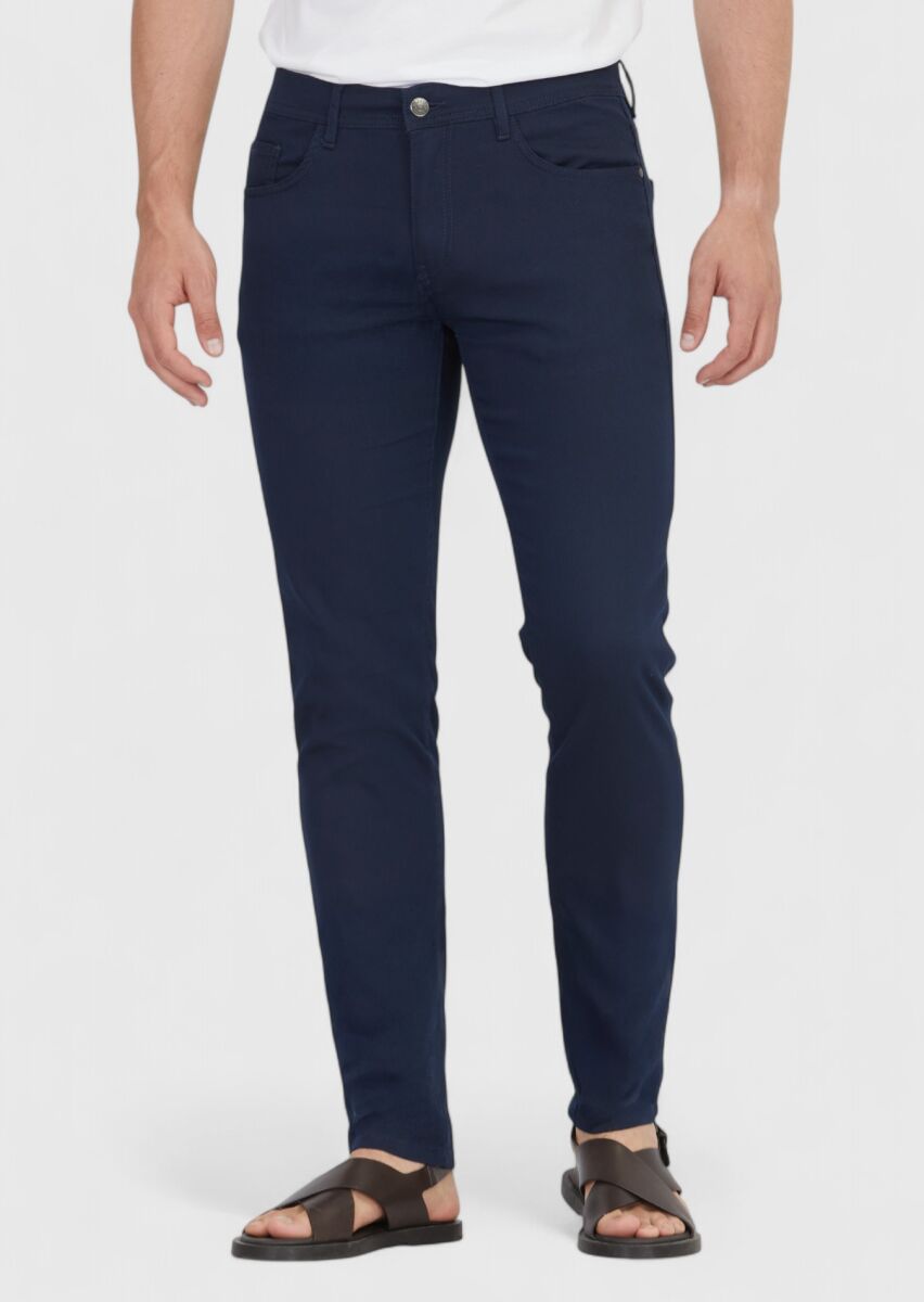 Navy Blue Weaving Slim Fit Casual Cotton Blended Trousers - 2