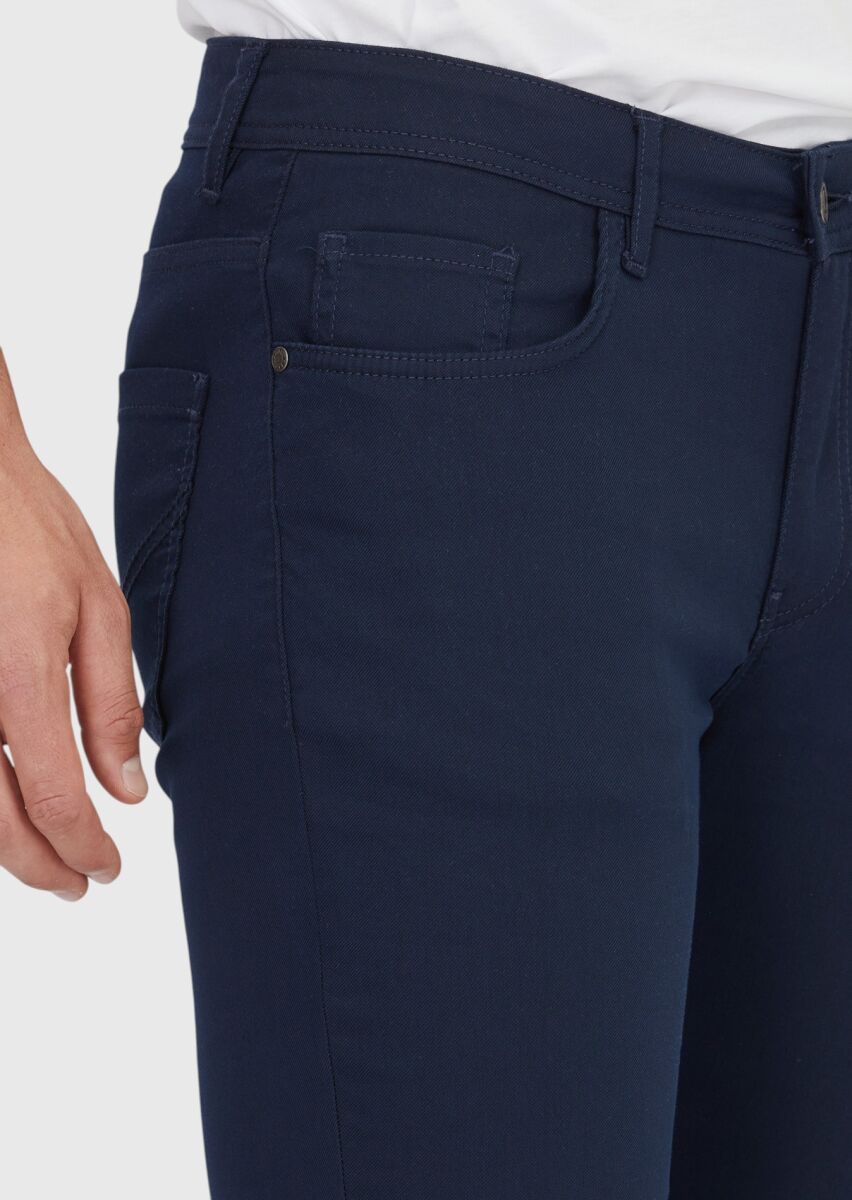 Navy Blue Weaving Slim Fit Casual Cotton Blended Trousers - 3