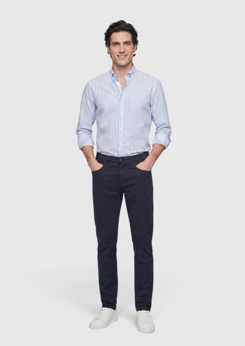 Navy Blue Weaving Slim Fit Casual Cotton Blended Trousers 