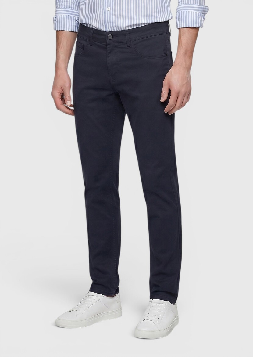 Navy Blue Weaving Slim Fit Casual Cotton Blended Trousers - RAMSEY