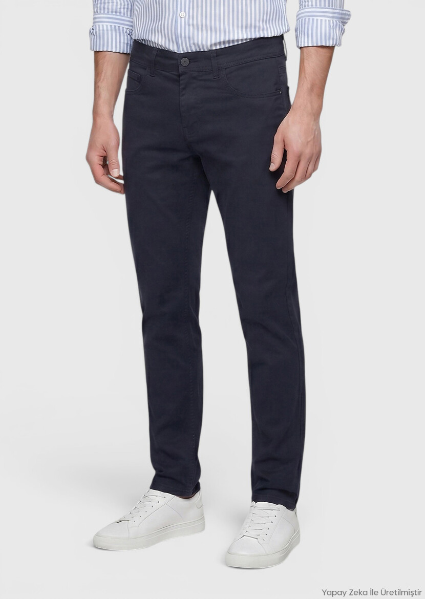 Navy Blue Weaving Slim Fit Casual Cotton Blended Trousers - RAMSEY