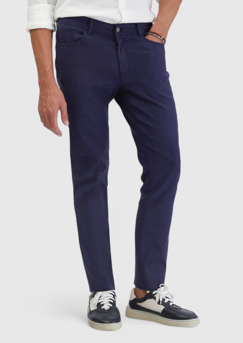 Navy Blue Weaving Slim Fit Casual Linen Blended Trousers - 2