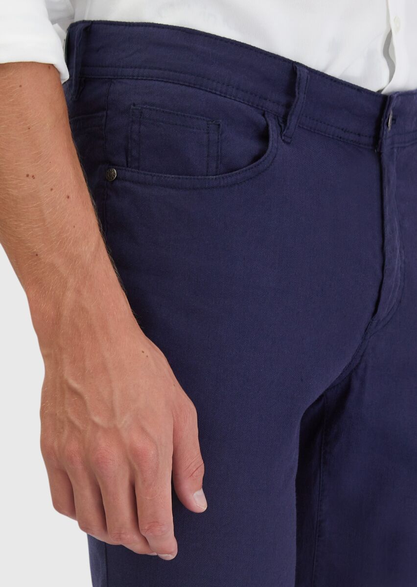 Navy Blue Weaving Slim Fit Casual Linen Blended Trousers - 3