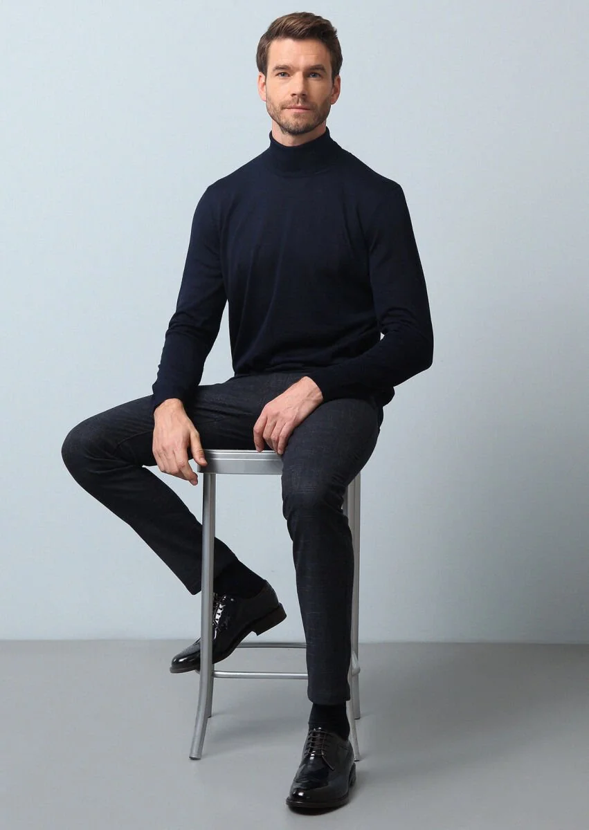 Navy Blue Weaving Slim Fit Casual Trousers - 2