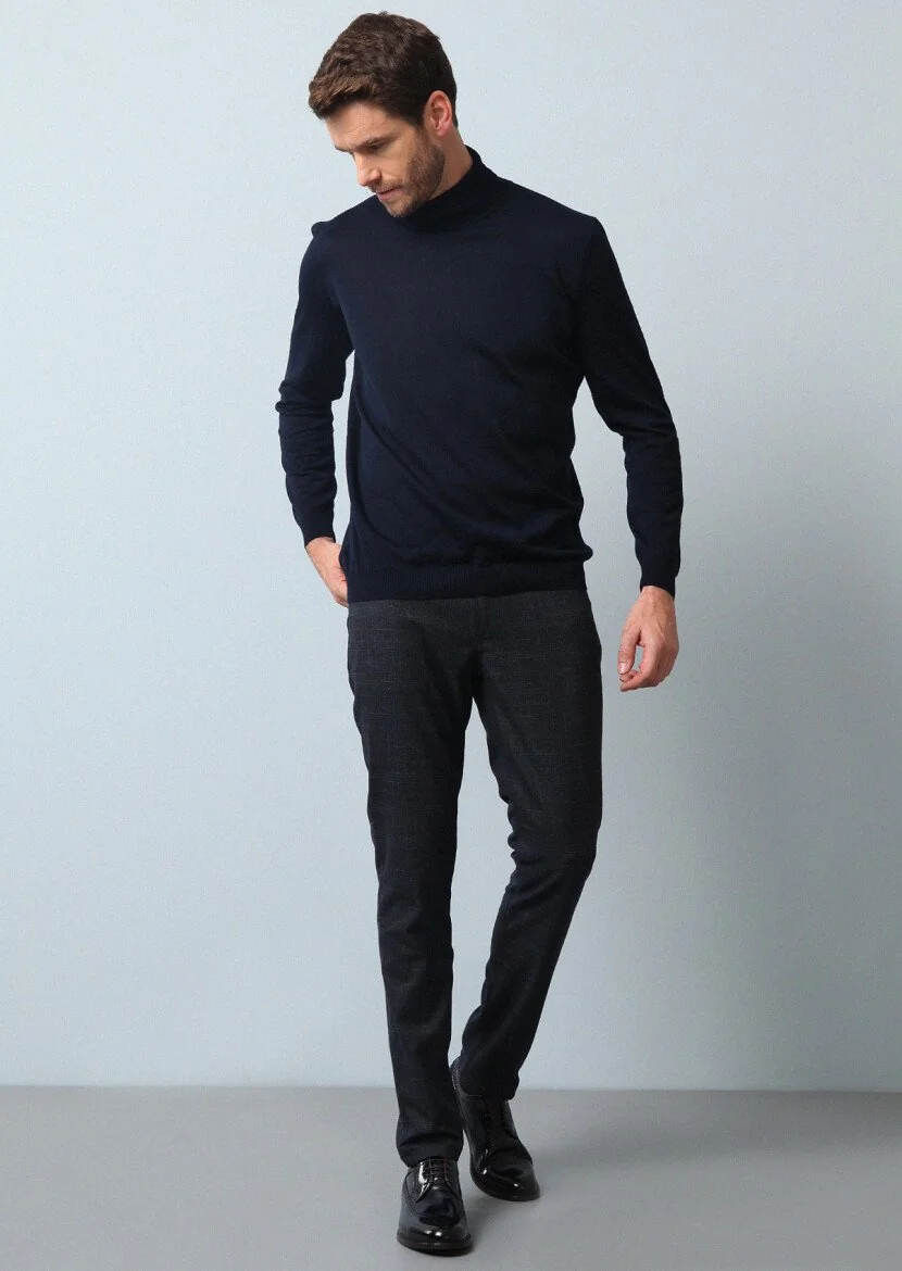 Navy Blue Weaving Slim Fit Casual Trousers - 3