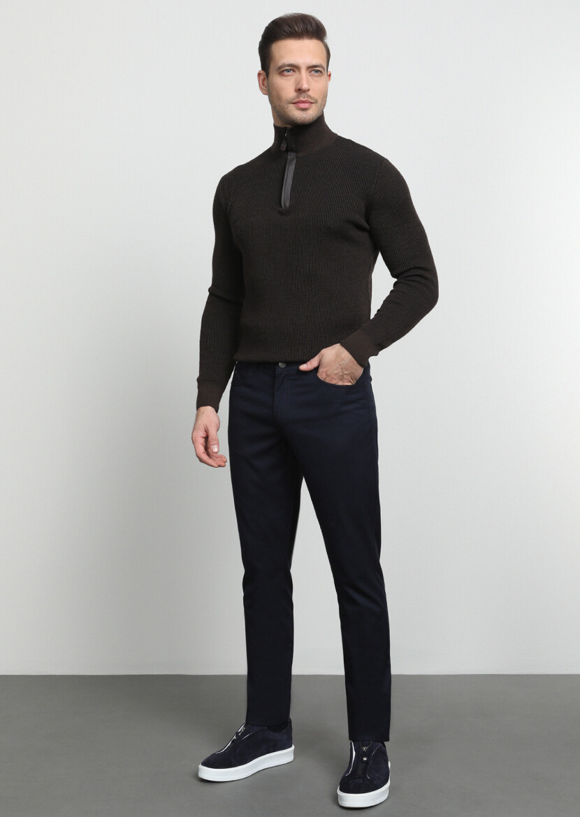 Navy Blue Weaving Slim Fit Casual Trousers - 1