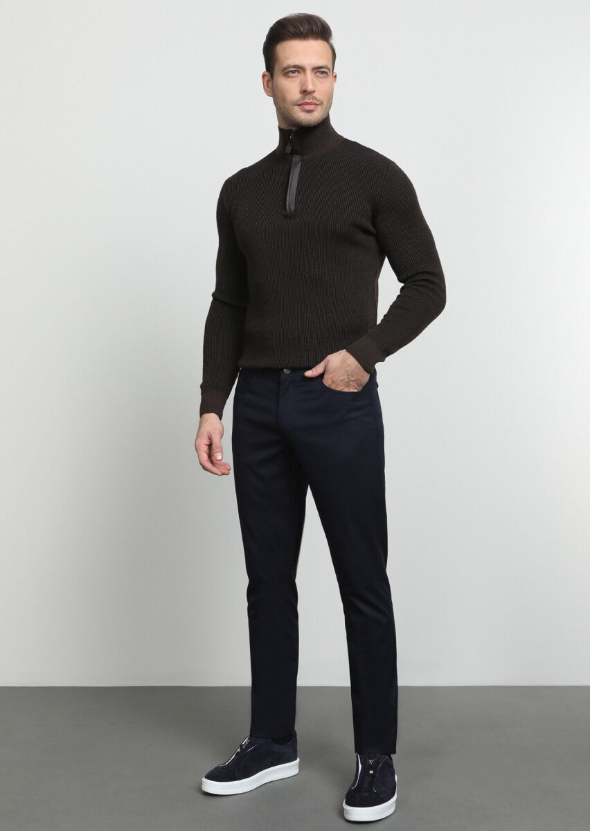 Navy Blue Weaving Slim Fit Casual Trousers - 1