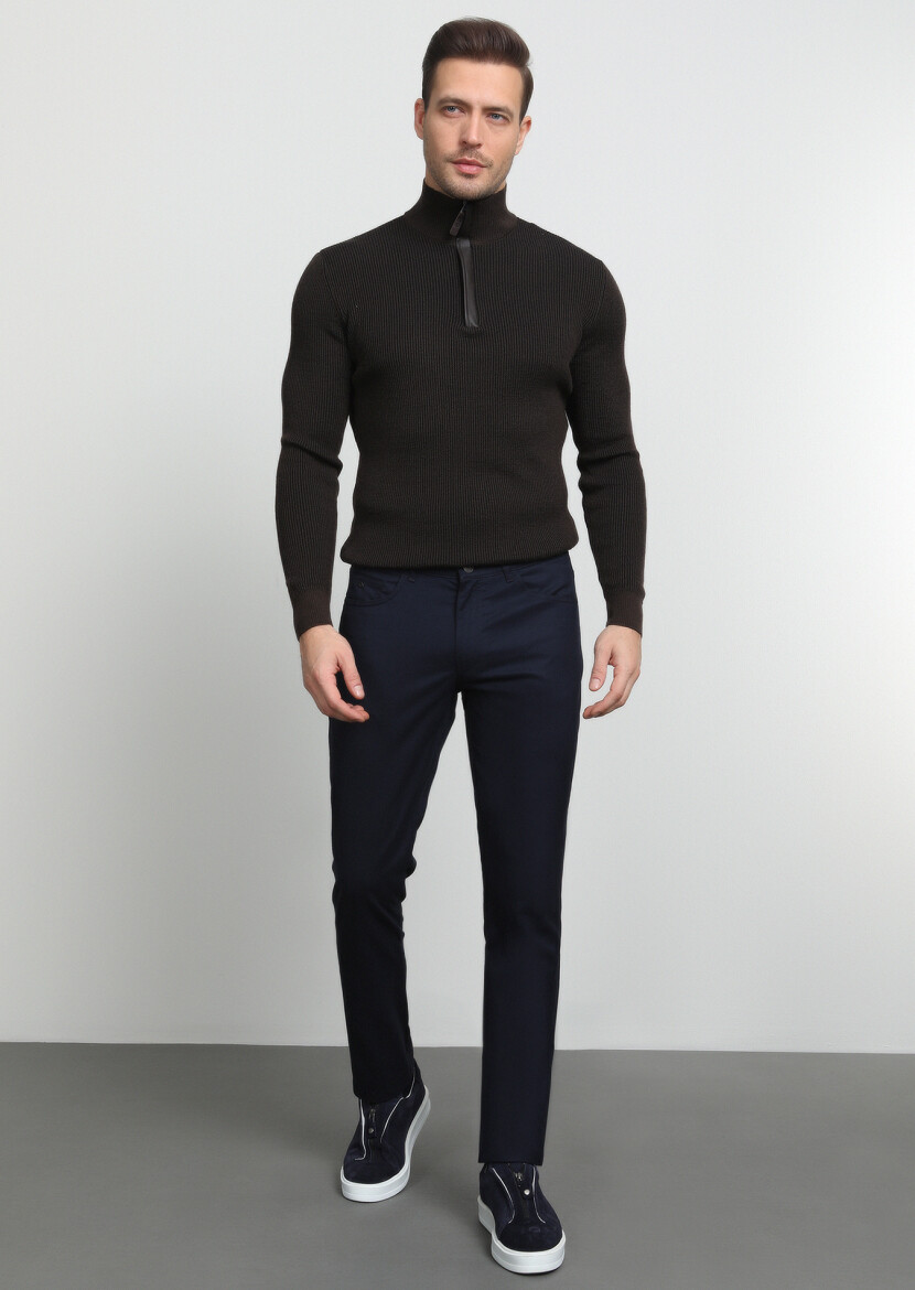 Navy Blue Weaving Slim Fit Casual Trousers - 3