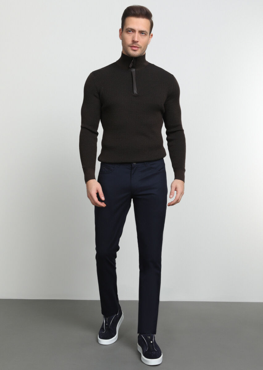 Navy Blue Weaving Slim Fit Casual Trousers - 3