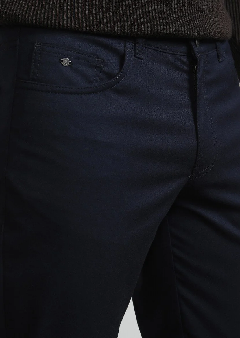 Navy Blue Weaving Slim Fit Casual Trousers 