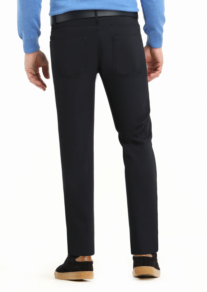 Navy Blue Weaving Slim Fit Casual Trousers - 3