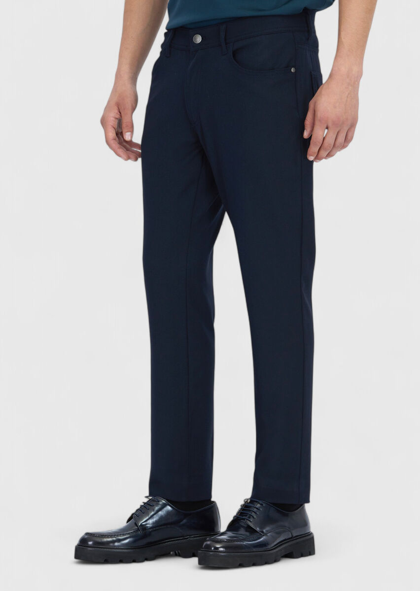 Navy Blue Weaving Slim Fit Casual Trousers - 3
