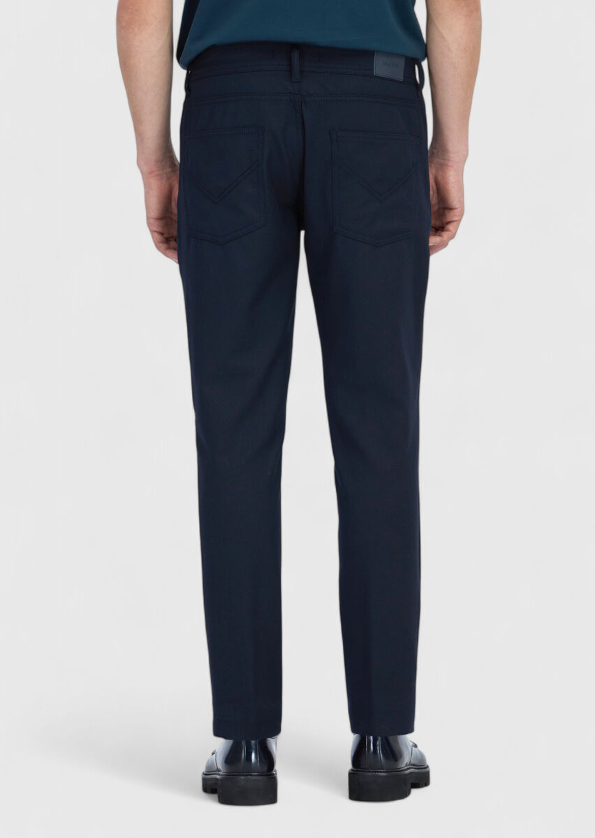Navy Blue Weaving Slim Fit Casual Trousers - 6