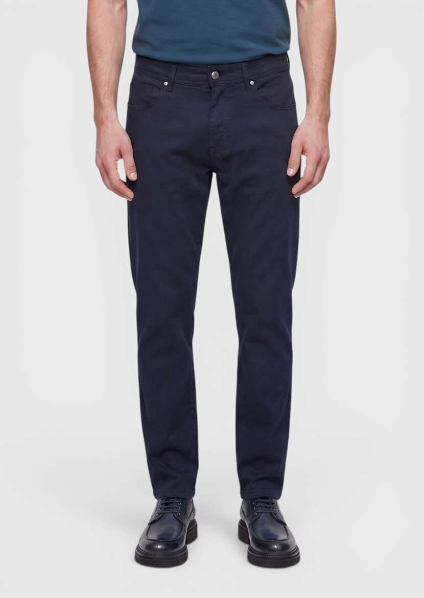 Navy Blue Weaving Slim Fit Casual Trousers - RAMSEY