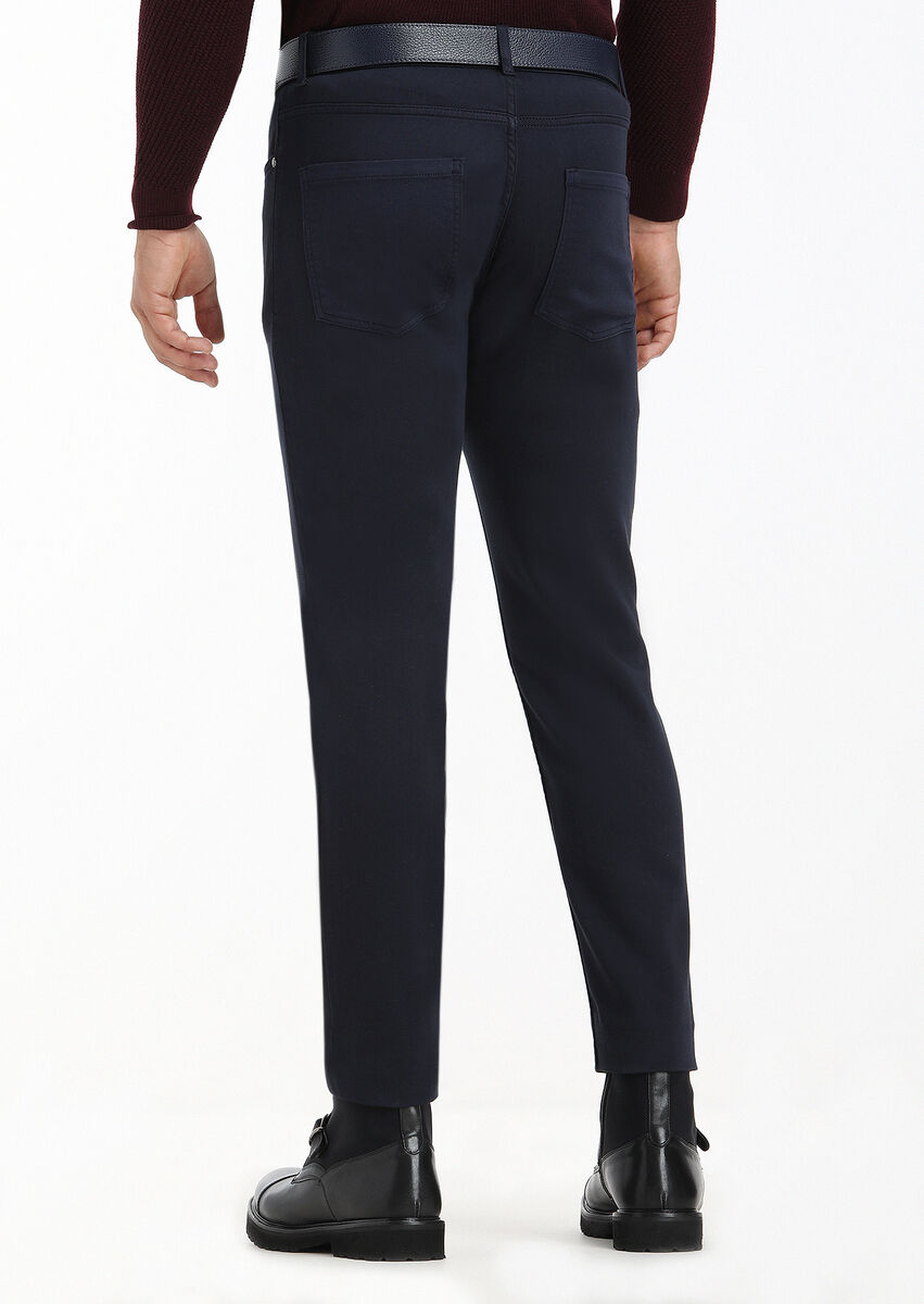 Navy Blue Weaving Slim Fit Casual Trousers - 4