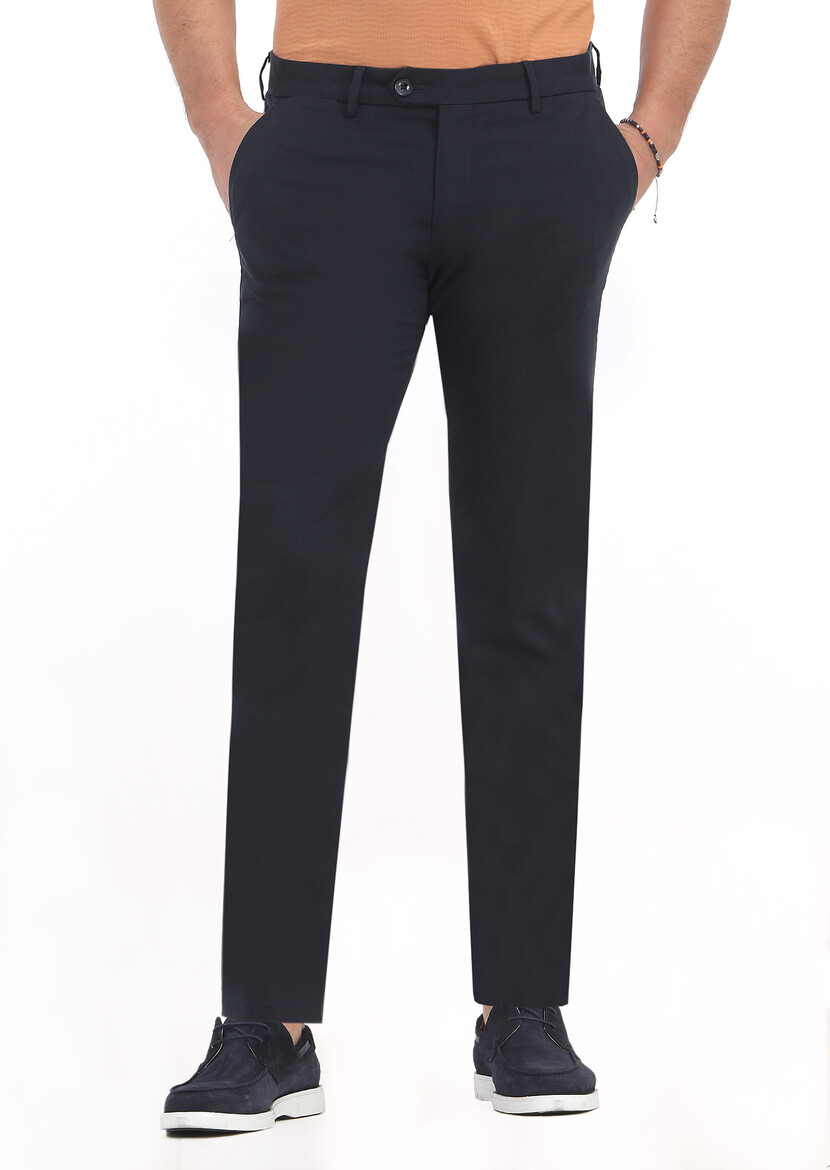 Navy Blue Weaving Slim Fit Casual Trousers - 2