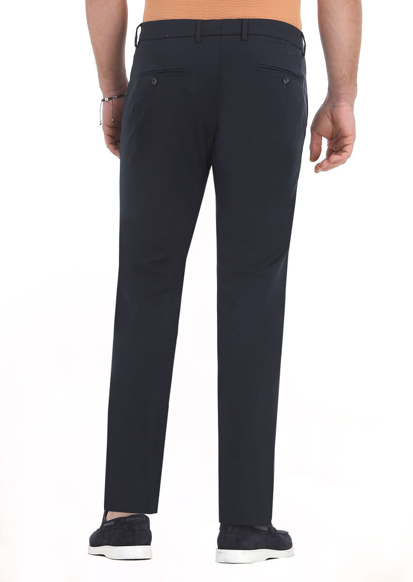 Navy Blue Weaving Slim Fit Casual Trousers - 4