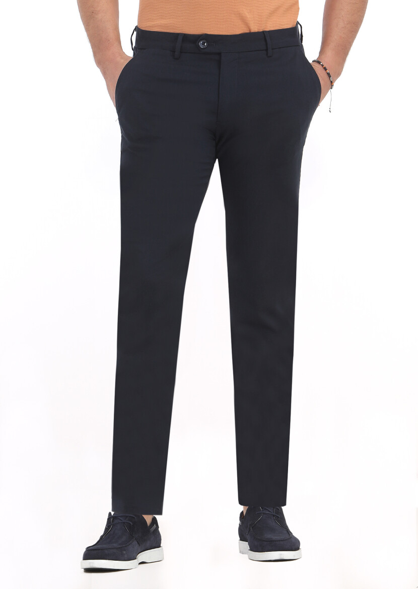 Navy Blue Weaving Slim Fit Casual Trousers 