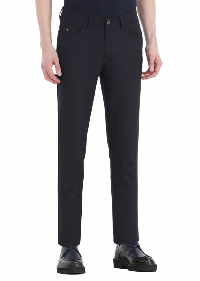 Navy Blue Weaving Slim Fit Casual Trousers - 2