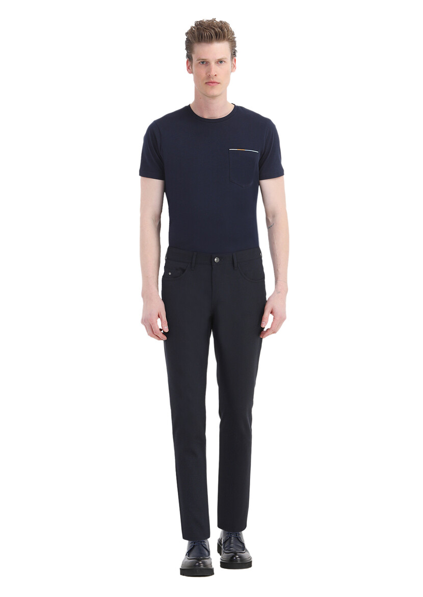 Navy Blue Weaving Slim Fit Casual Trousers 