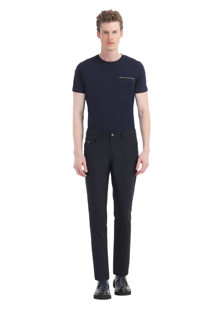 Navy Blue Weaving Slim Fit Casual Trousers - 1