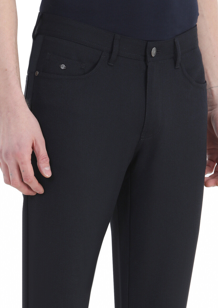 Navy Blue Weaving Slim Fit Casual Trousers - 4