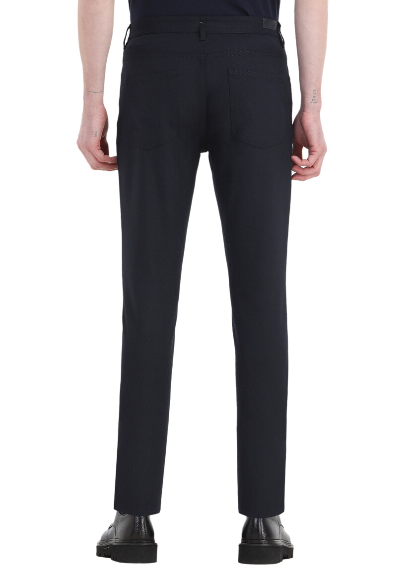 Navy Blue Weaving Slim Fit Casual Trousers - 5