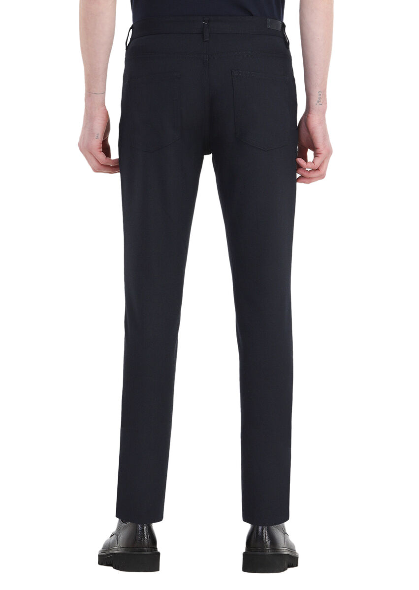 Navy Blue Weaving Slim Fit Casual Trousers - 5