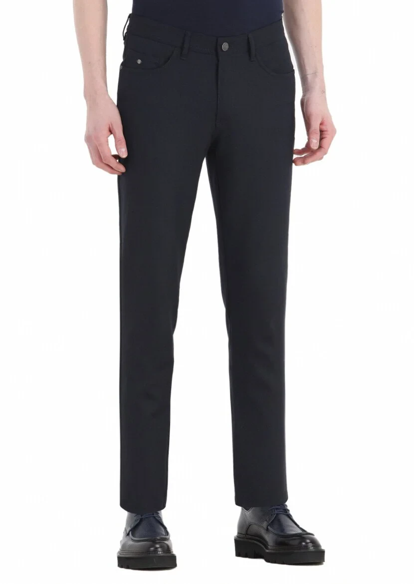 Navy Blue Weaving Slim Fit Casual Trousers - 3