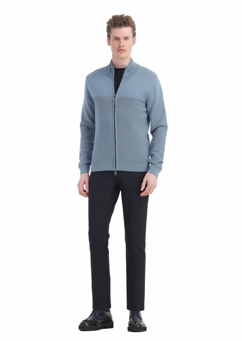 Navy Blue Weaving Slim Fit Casual Trousers 