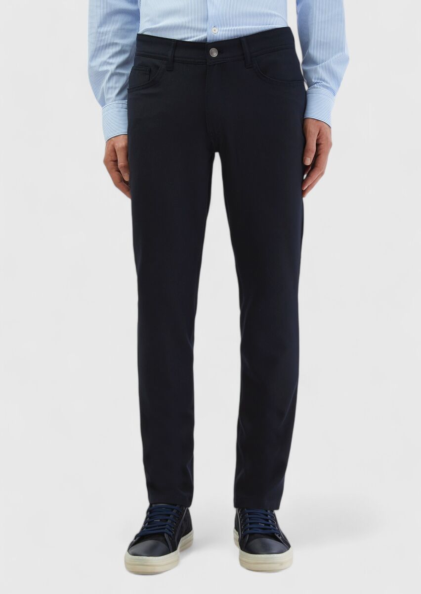 Navy Blue Weaving Slim Fit Casual Trousers - 2