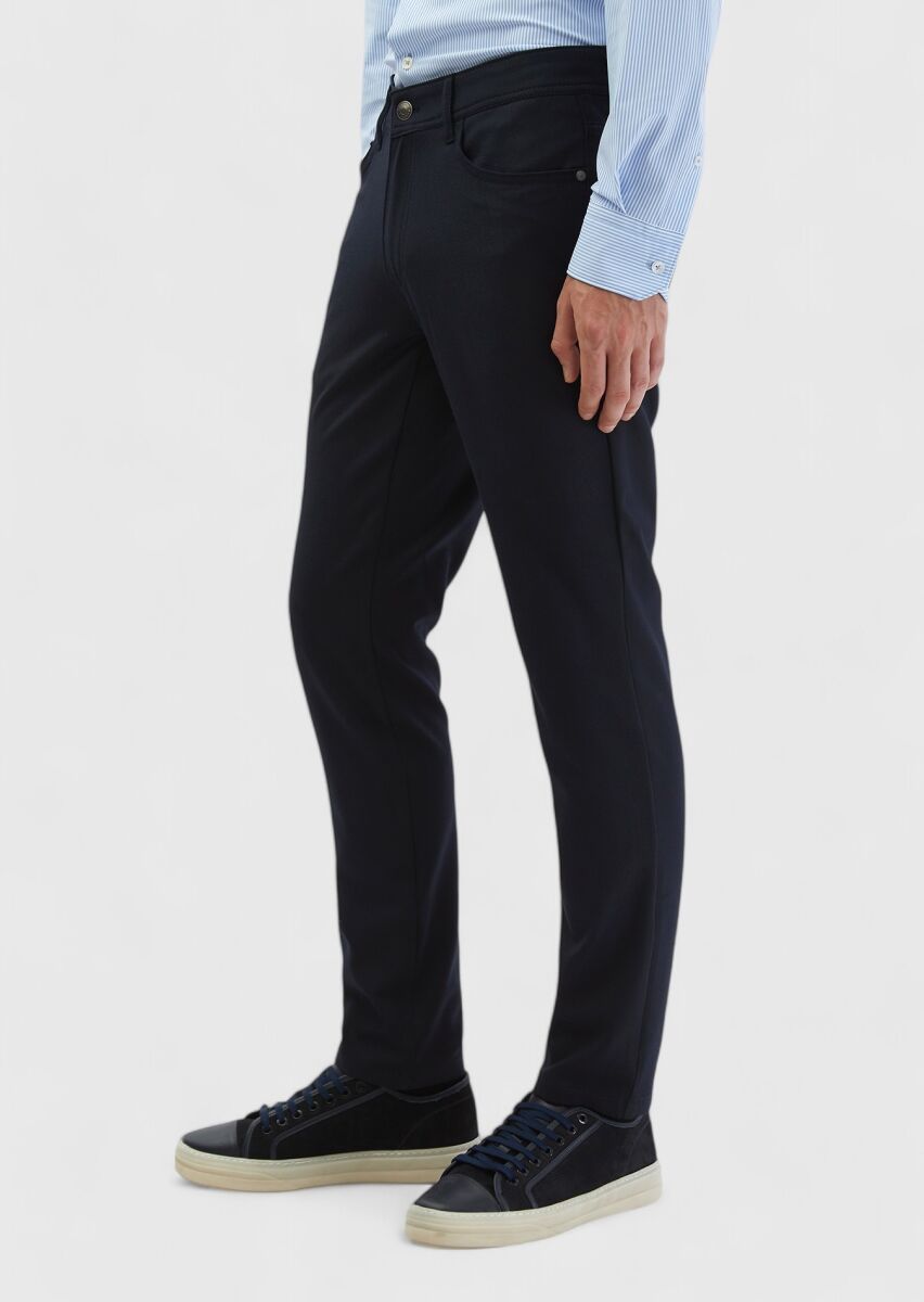 Navy Blue Weaving Slim Fit Casual Trousers - 3