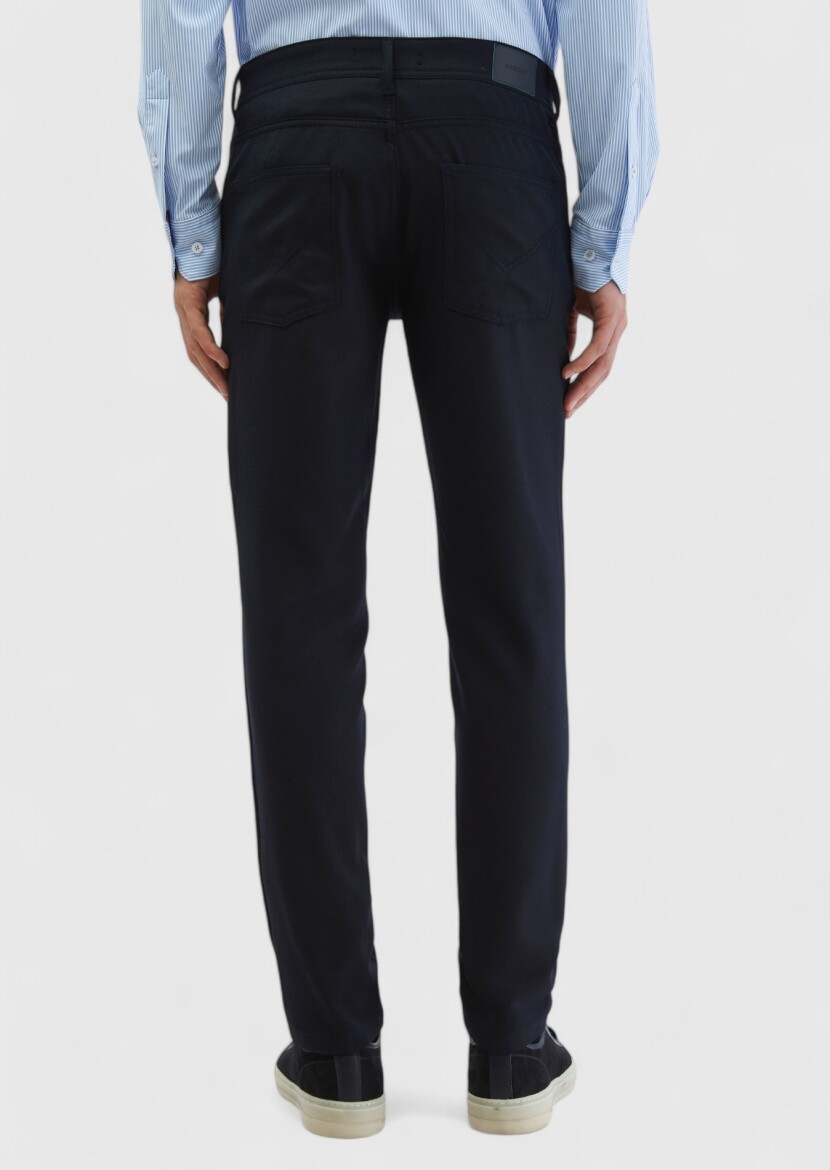 Navy Blue Weaving Slim Fit Casual Trousers - 5