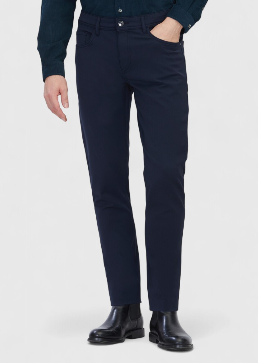 Navy Blue Weaving Slim Fit Casual Trousers 