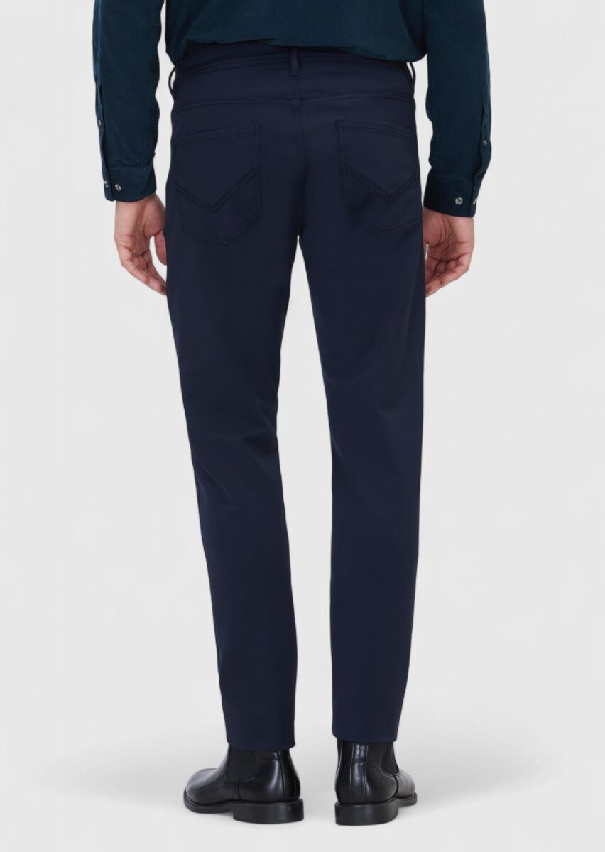 Navy Blue Knitting Slim Fit Casual Trousers - 5