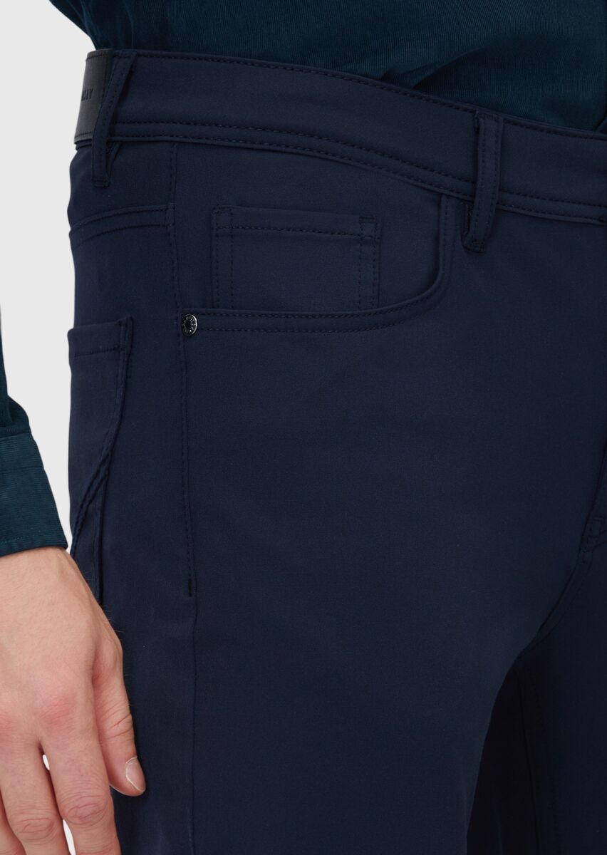 Navy Blue Weaving Slim Fit Casual Trousers - 3