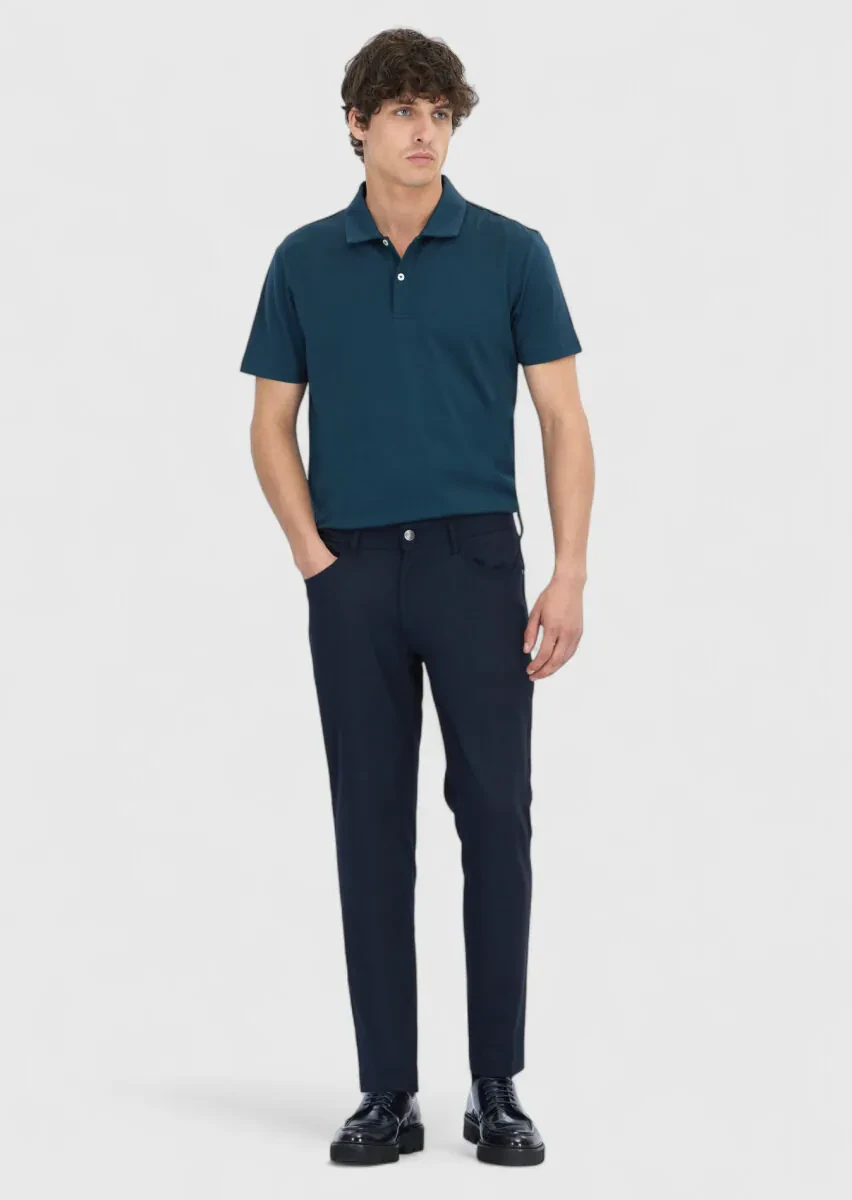 Navy Blue Weaving Slim Fit Casual Trousers - 1