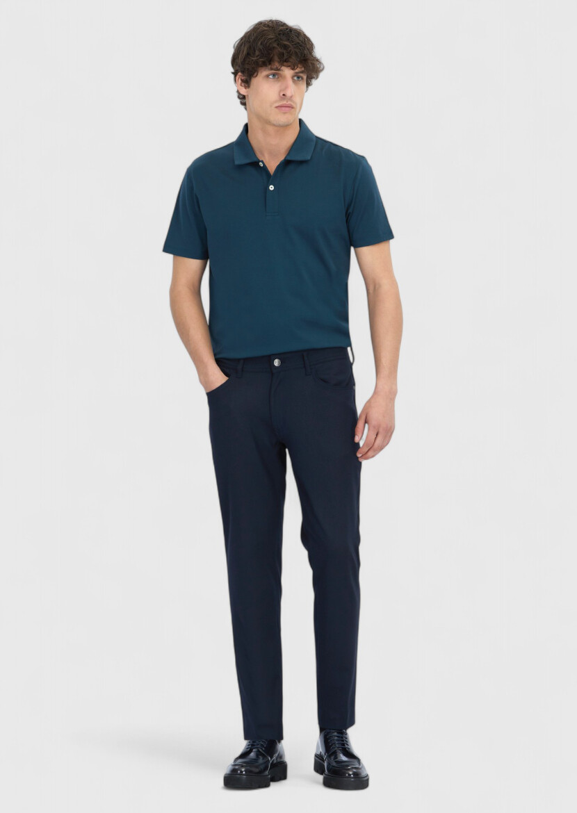 Navy Blue Weaving Slim Fit Casual Trousers - 1