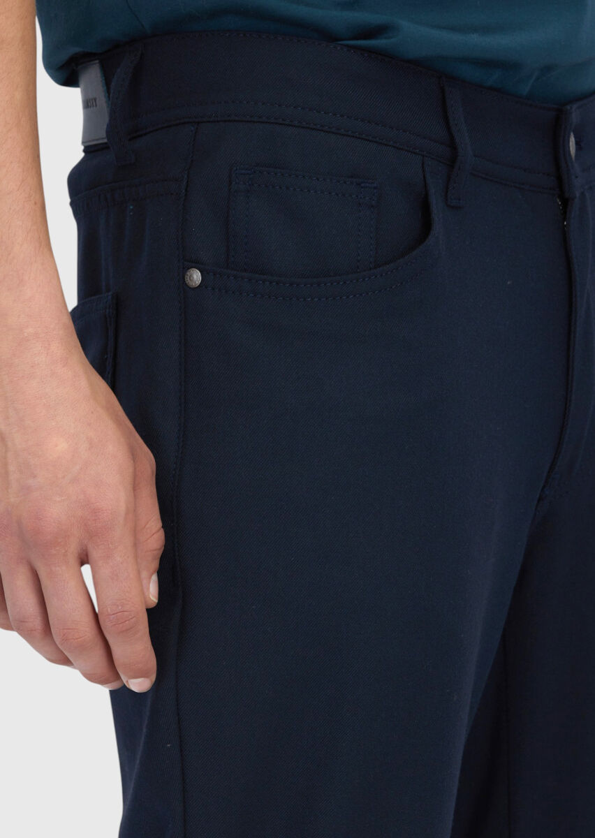 Navy Blue Weaving Slim Fit Casual Trousers - 4