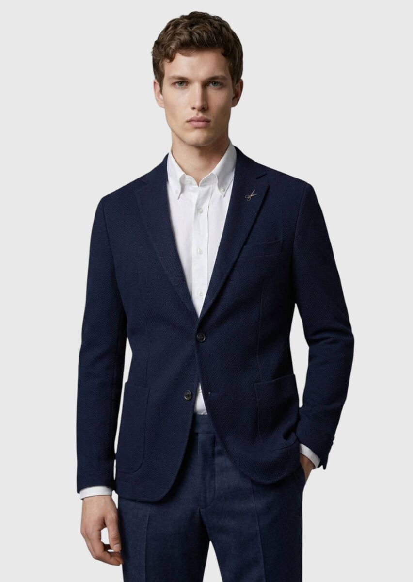 Navy Blue Wool Blended Jacket - 1