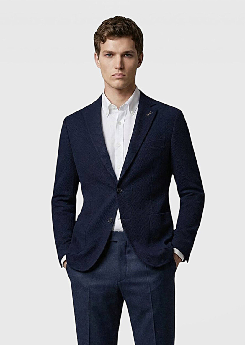 Navy Blue Wool Blended Jacket - 3