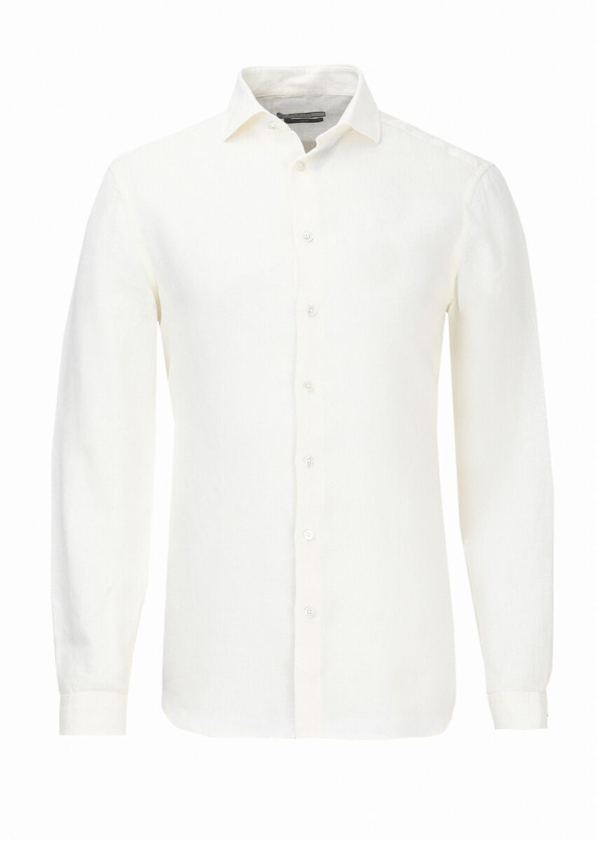 Off White Plain Regular Fit Long Weaving Casual 100% Linen Shirt - 1