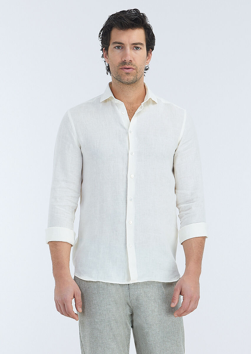 Off White Plain Regular Fit Weaving Casual 100% Linen Shirt - 2