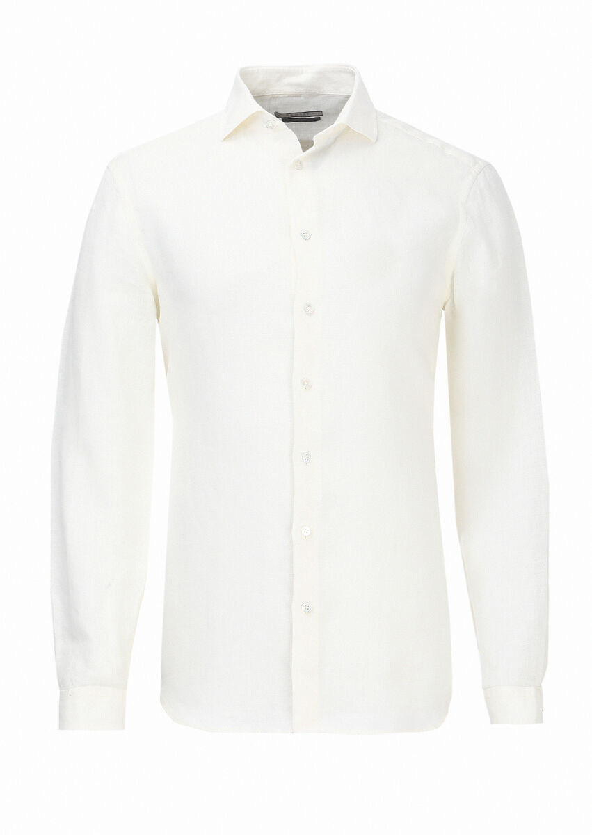 Off White Plain Regular Fit Weaving Casual 100% Linen Shirt - 5