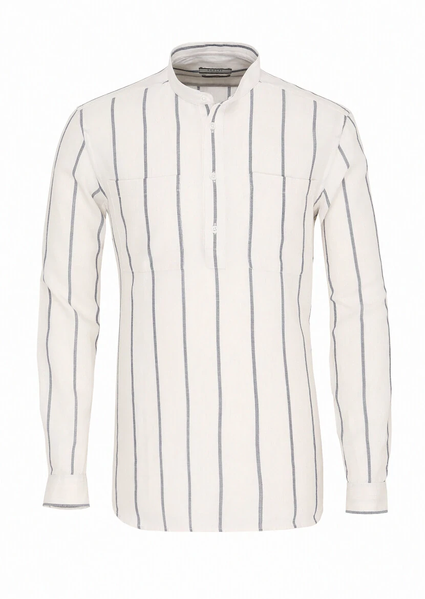 Off White Striped Regular Fit Weaving Casual 100% Cotton Shirt - 1
