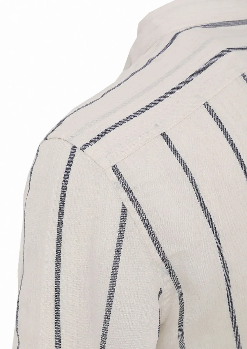 Off White Striped Regular Fit Weaving Casual 100% Cotton Shirt - 4