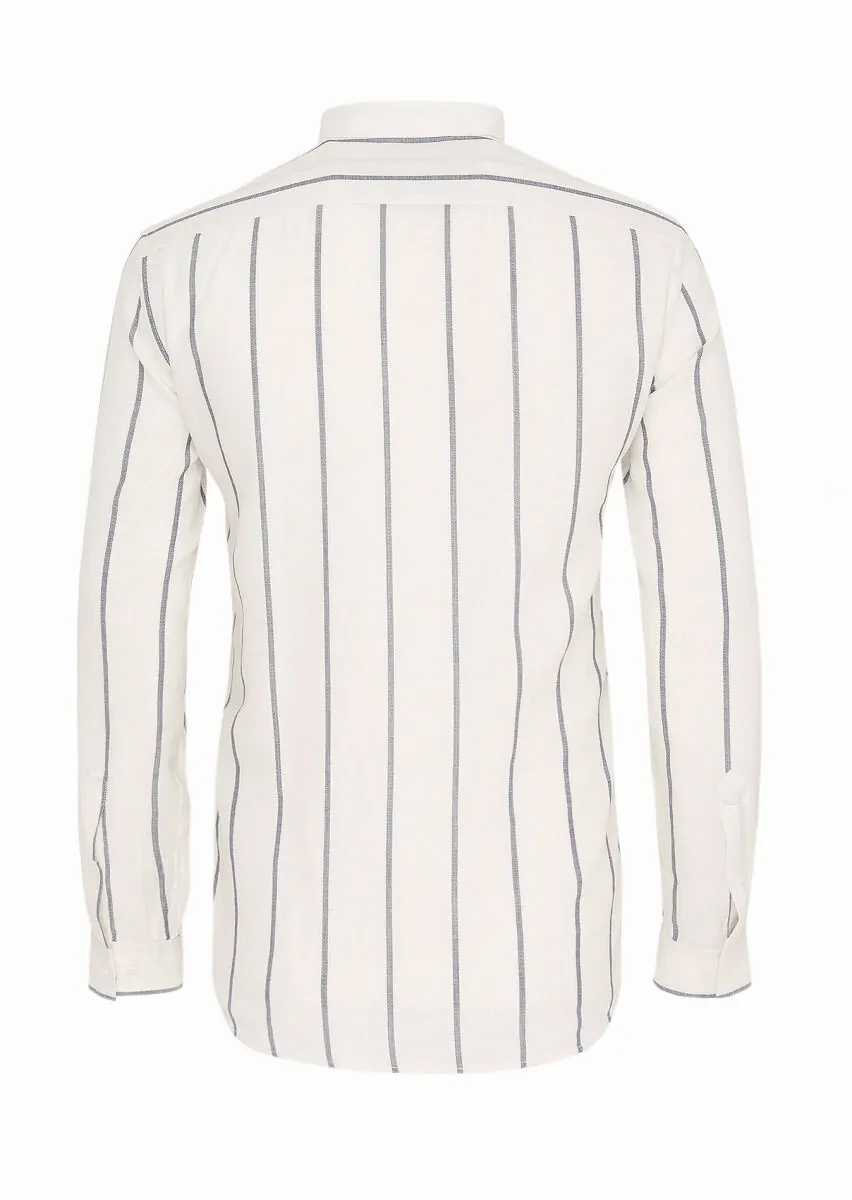 Off White Striped Regular Fit Weaving Casual 100% Cotton Shirt - 6