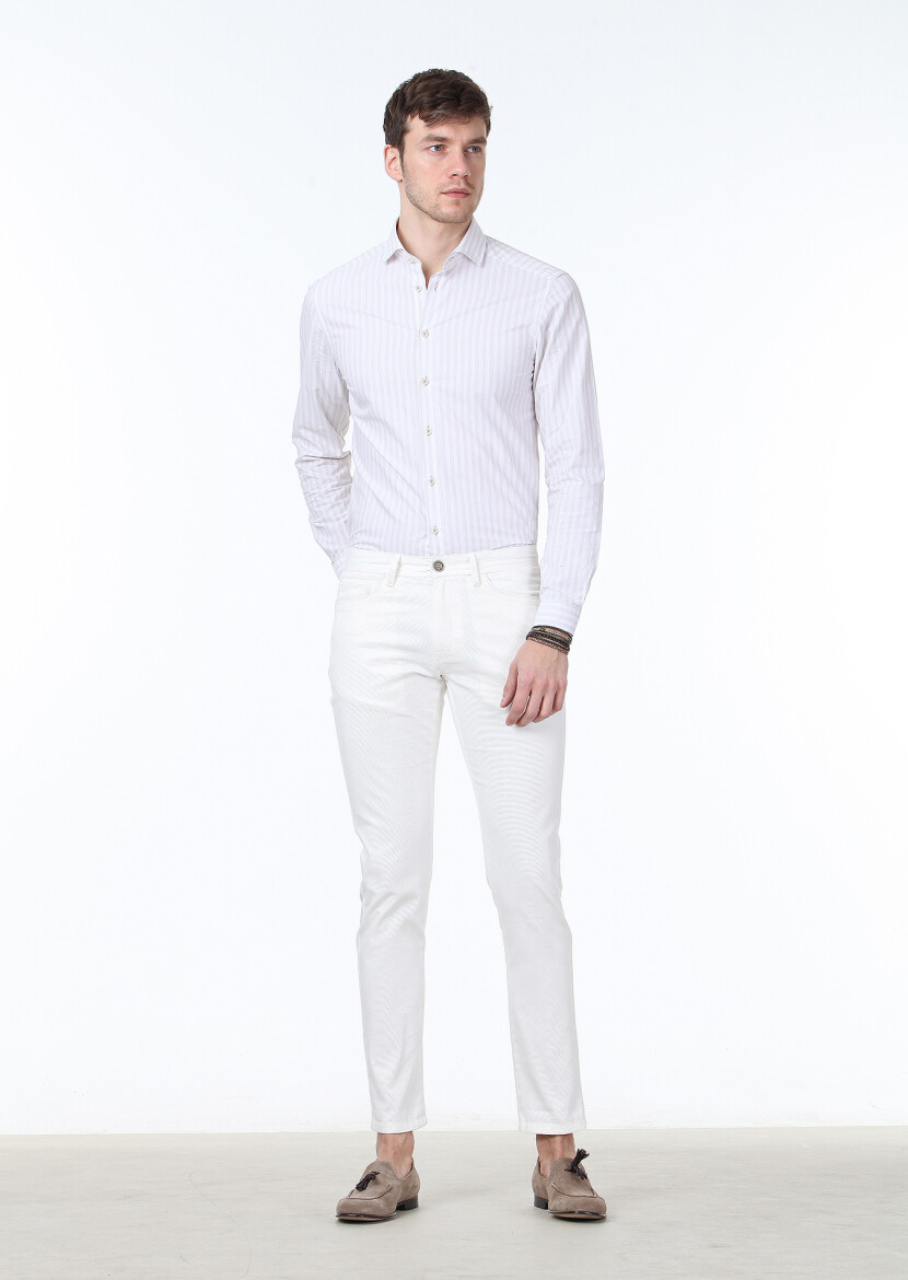 Off White Weaving Slim Fit Casual Cotton Blended Trousers - 1