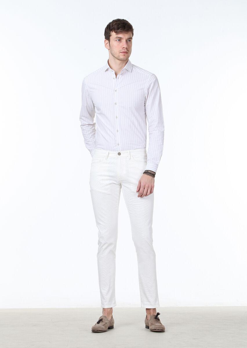 Off White Weaving Slim Fit Casual Cotton Blended Trousers - 1